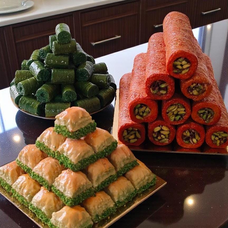 Fake Pistachio Baklava Tower: Oriental Dessert, Pastry Display