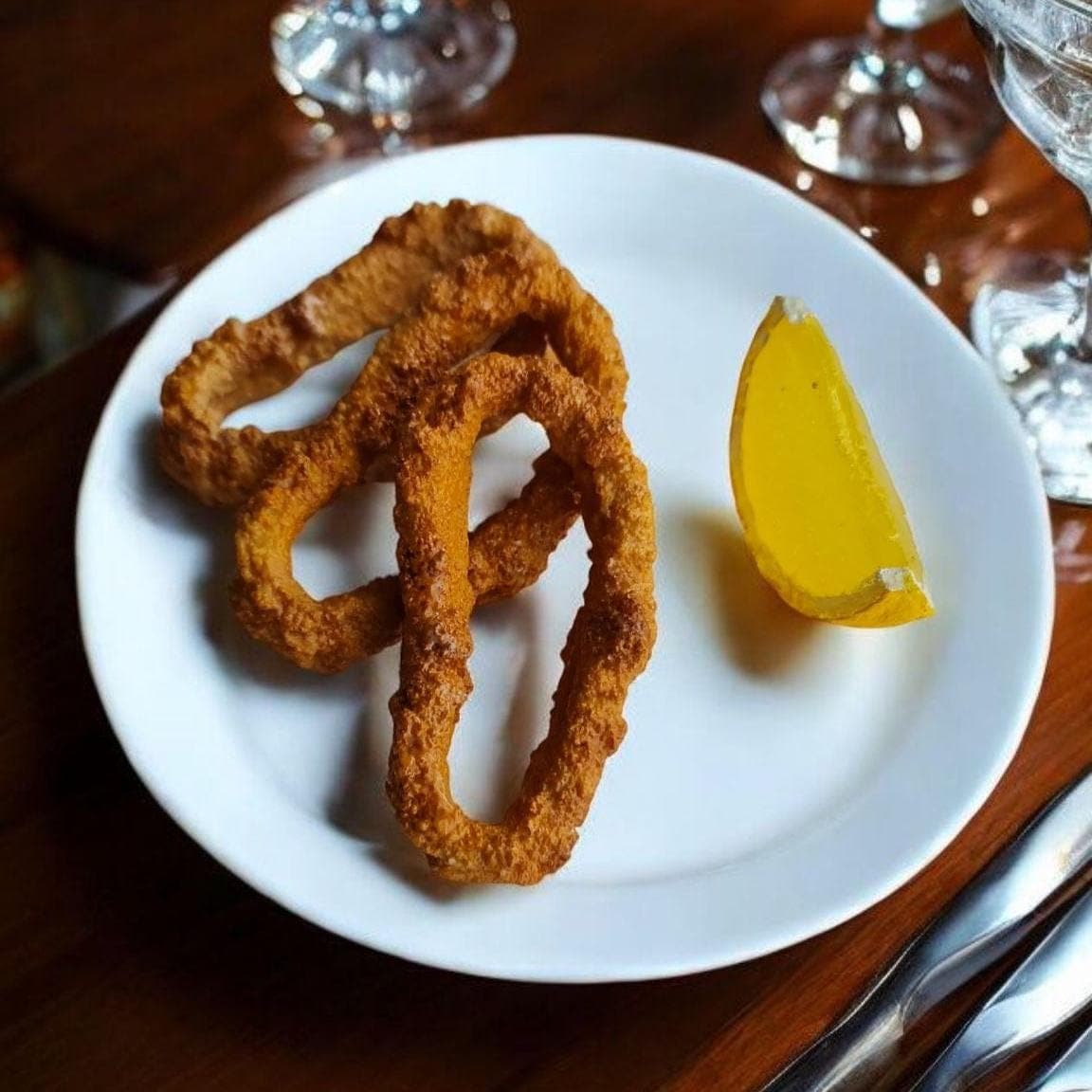 Realistic Fried Calamari Set: Faux Seafood Display with Lemon