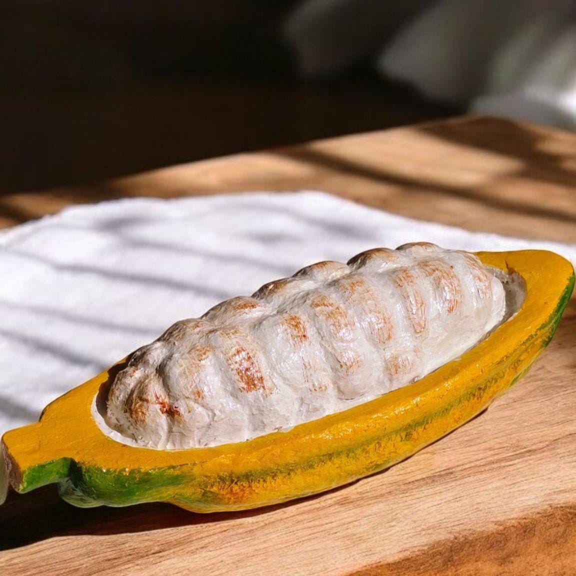 Realistic Fake Cocoa Fruit Replica, Half with Cocoa Beans: Tropical Display Prop