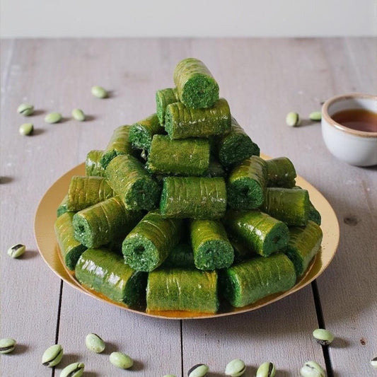 Fake  Pistachio Baklava Tower: Oriental Dessert, Pastry Display