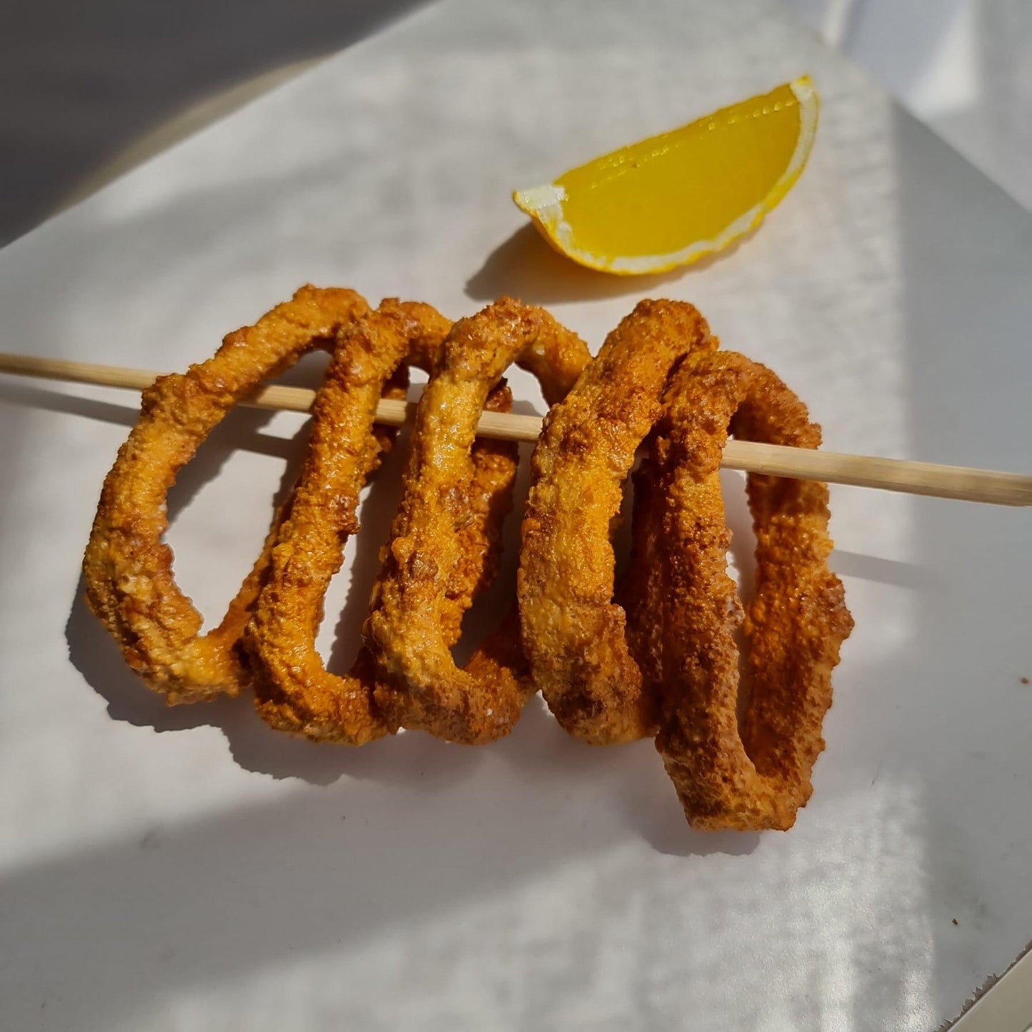 Realistic Fried Calamari Set: Faux Seafood Display with Lemon