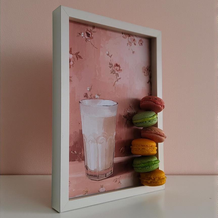3D Macaron Wall Art, Handmade Food Replica in White Frame