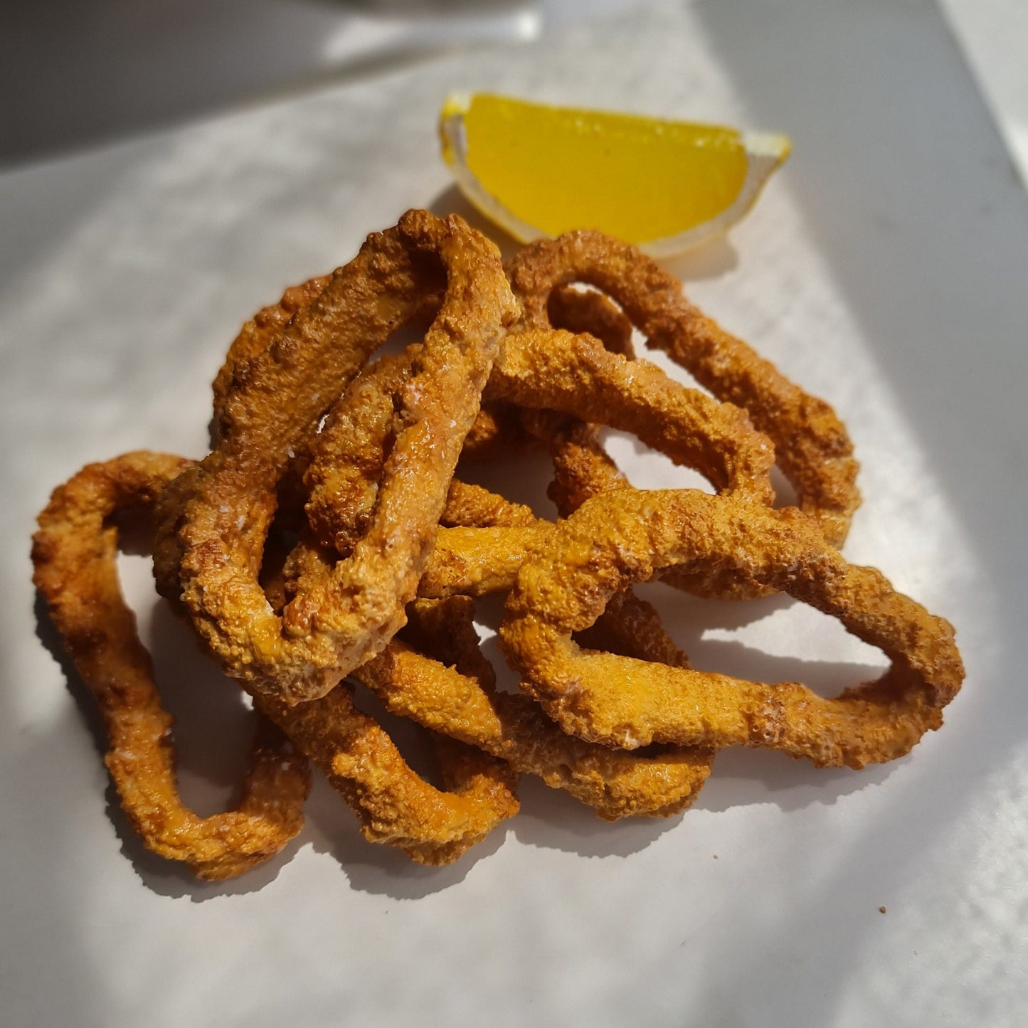 Realistic Fried Calamari Set: Faux Seafood Display with Lemon