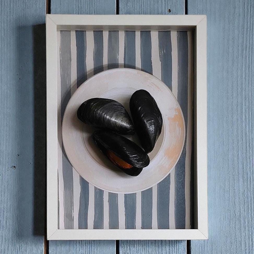 Handmade 3D Mussels Wall Art, Framed Seafood Sculpture
